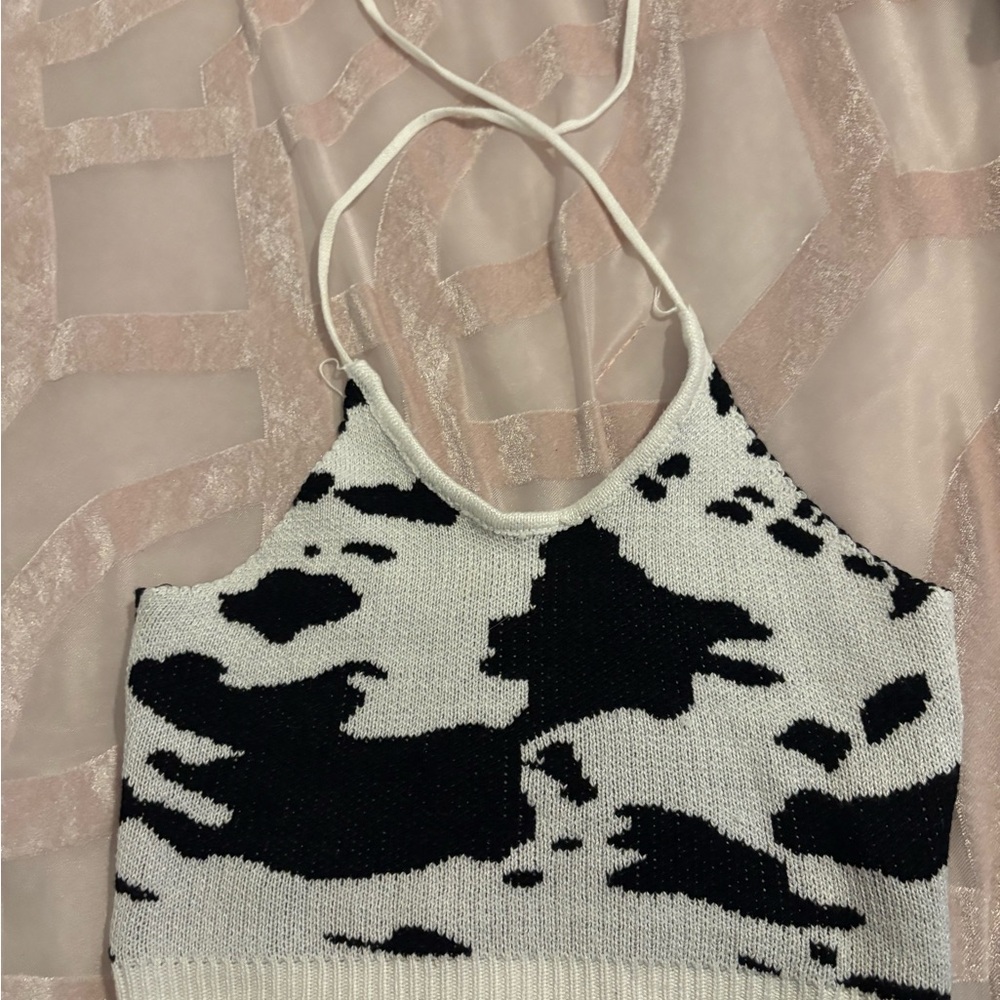 Black & White Cow Print Knit Halter Crop Top